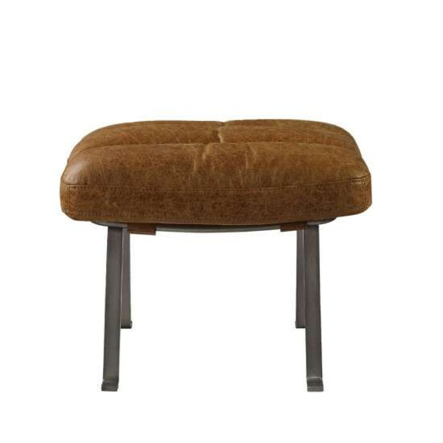 Furniture * | Wholesale Simple Relax Top Grain Leather Ottoman With Metal Legs In Toffee And Chrome