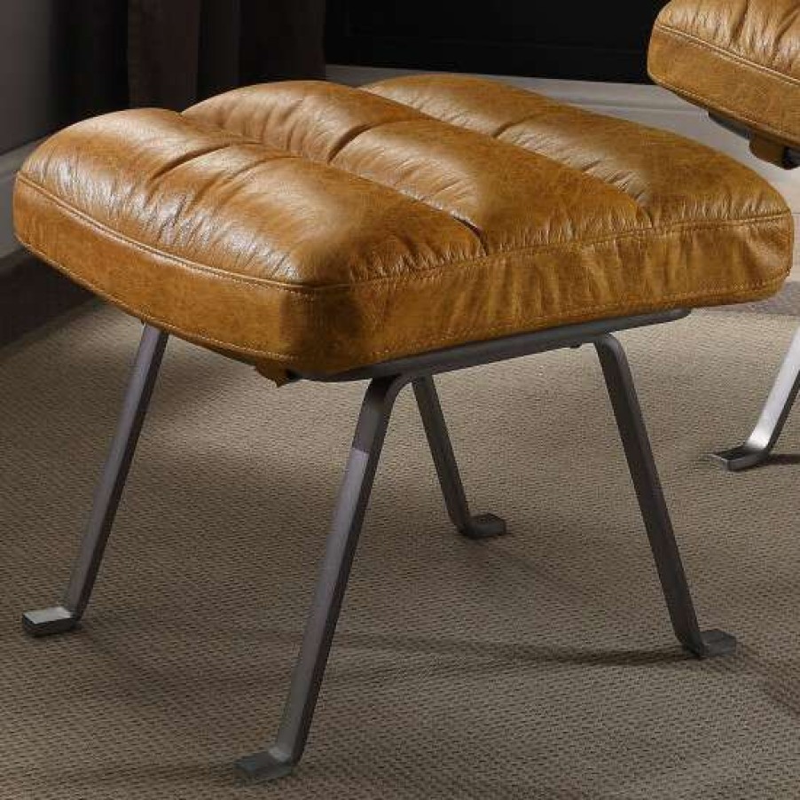 Furniture * | Wholesale Simple Relax Top Grain Leather Ottoman With Metal Legs In Toffee And Chrome