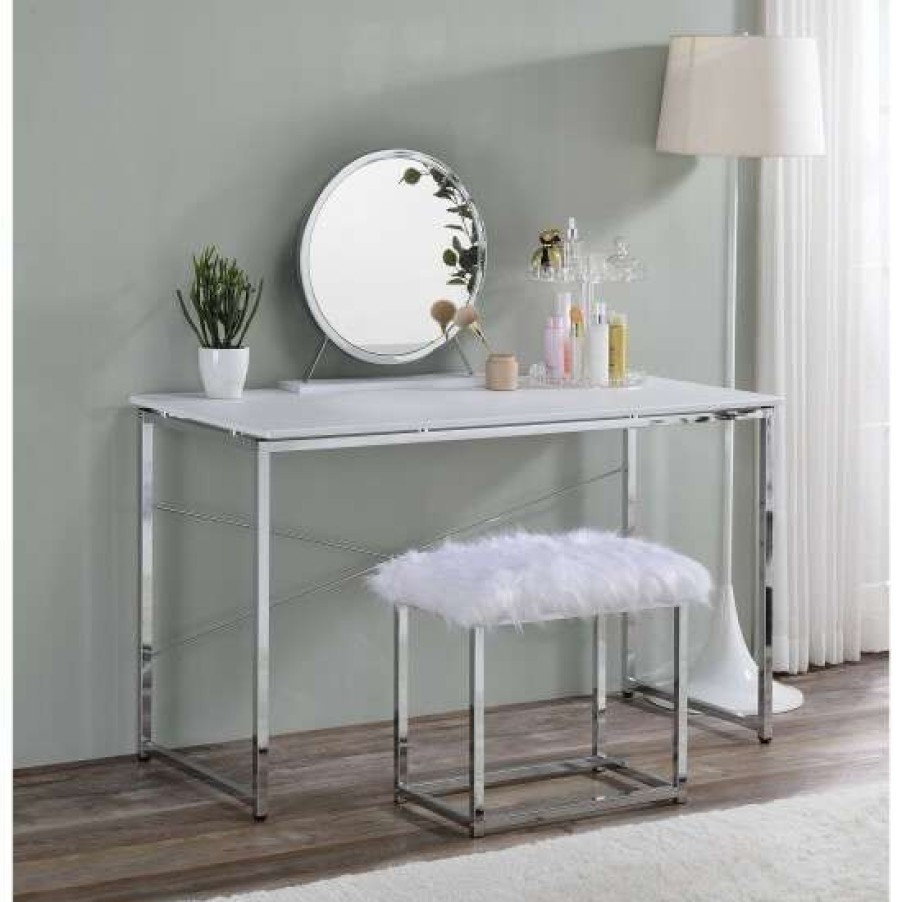 Furniture * | Hot Sale Simple Relax Rectangular Vanity Desk With Metal Frame In White And Chrome