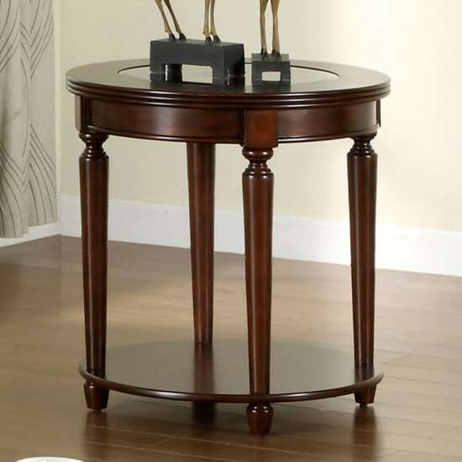 Furniture * | Cheapest Simple Relax Tempered Glass And Wood End Table In Dark Cherry Finisih