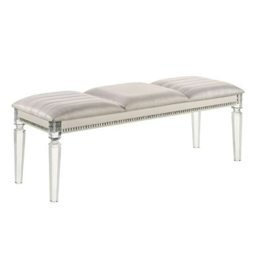 Furniture * | New Simple Relax Leatherette And Wood Bench In Pearl White Finish