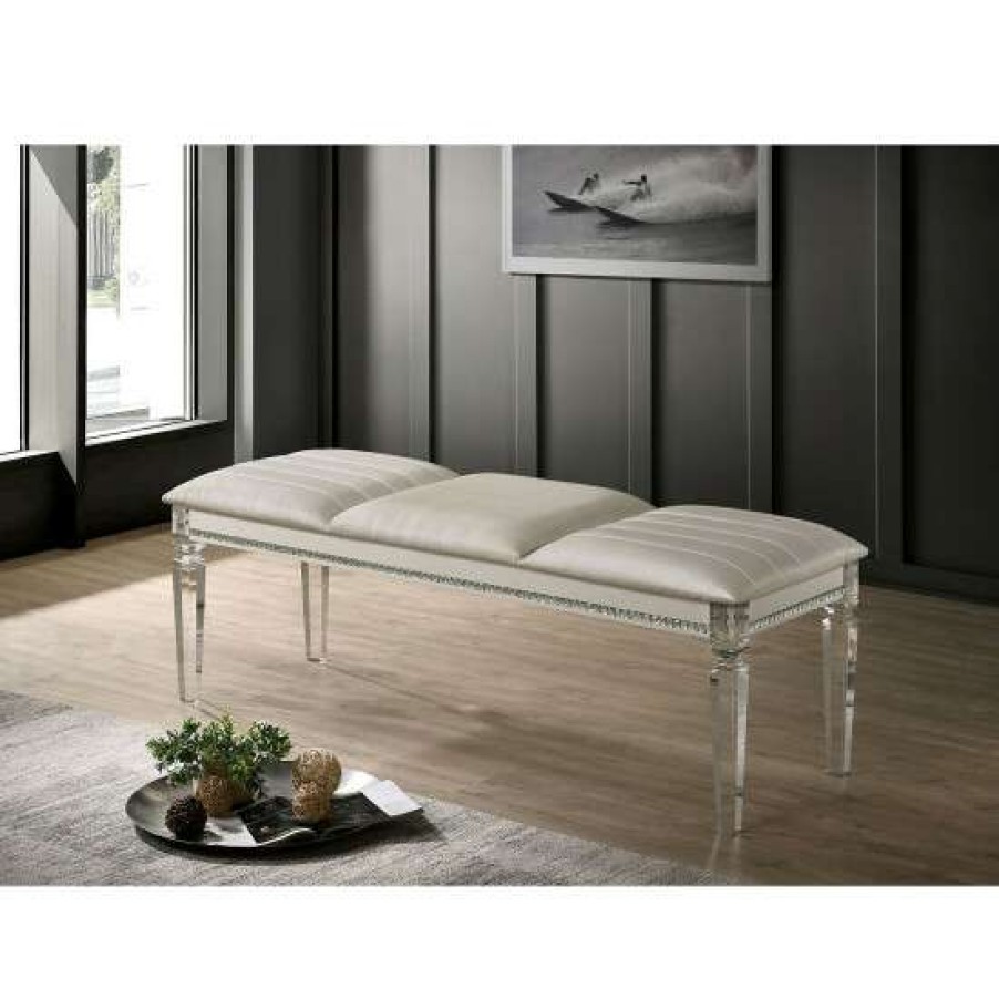 Furniture * | New Simple Relax Leatherette And Wood Bench In Pearl White Finish