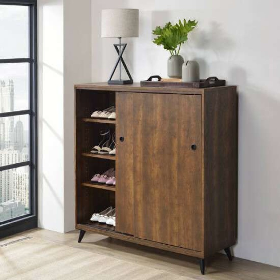 Home Improvement * | Hot Sale Simple Relax Wood Shoe Cabinet With 2 Doors In Oak Finish