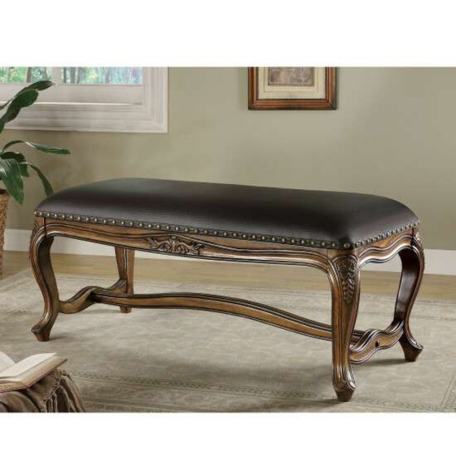 Furniture * | Buy Simple Relax Upholstered Wood Bench With Trestle, Brown And Black