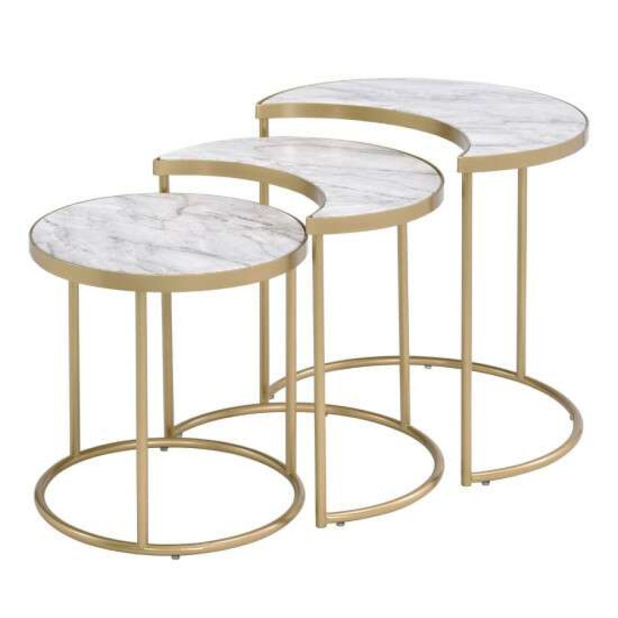 Furniture * | Wholesale Simple Relax 3 Piece Pack Nesting Table Set With Faux Marble Top In Gold