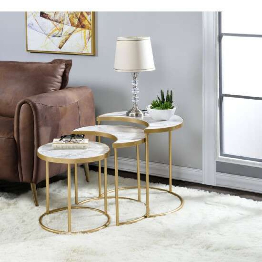 Furniture * | Wholesale Simple Relax 3 Piece Pack Nesting Table Set With Faux Marble Top In Gold