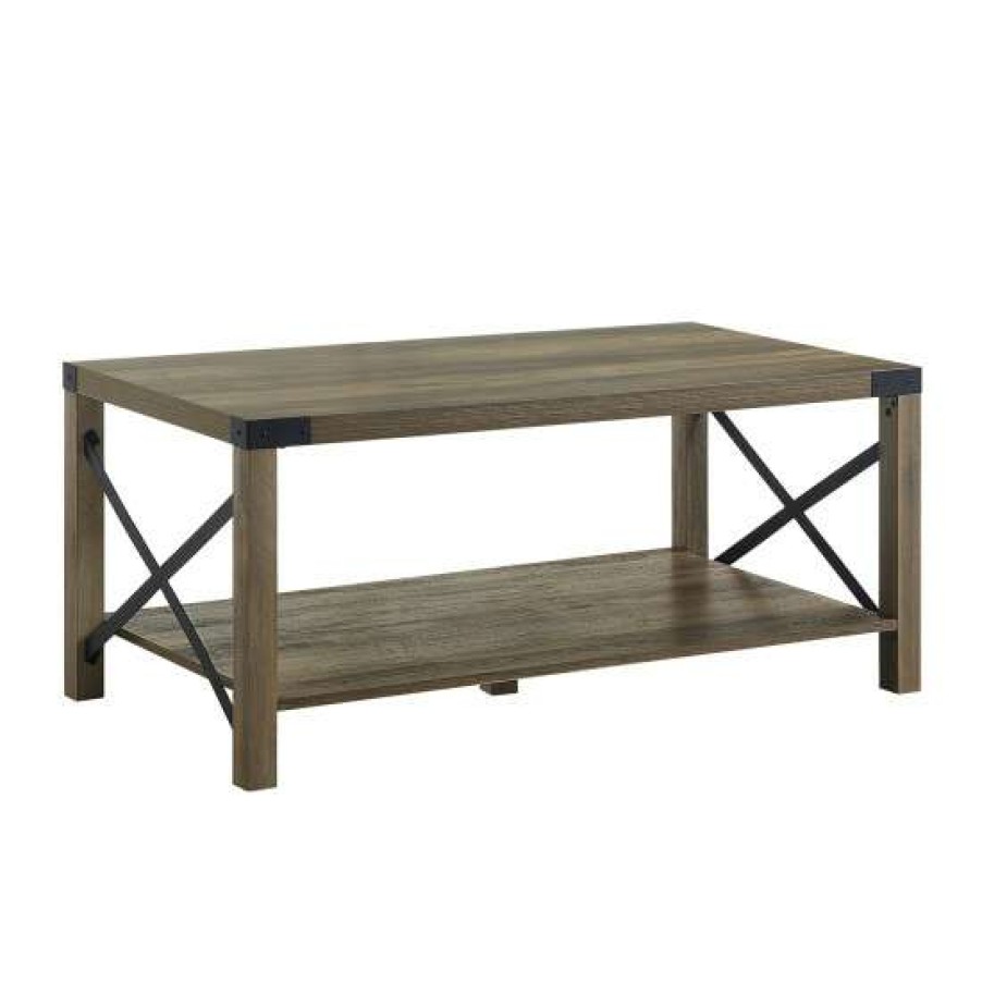 Furniture * | Flash Sale Simple Relax 1 Open Shelf Wood Coffee Table With X Metal Base In Rustic Oak And Black