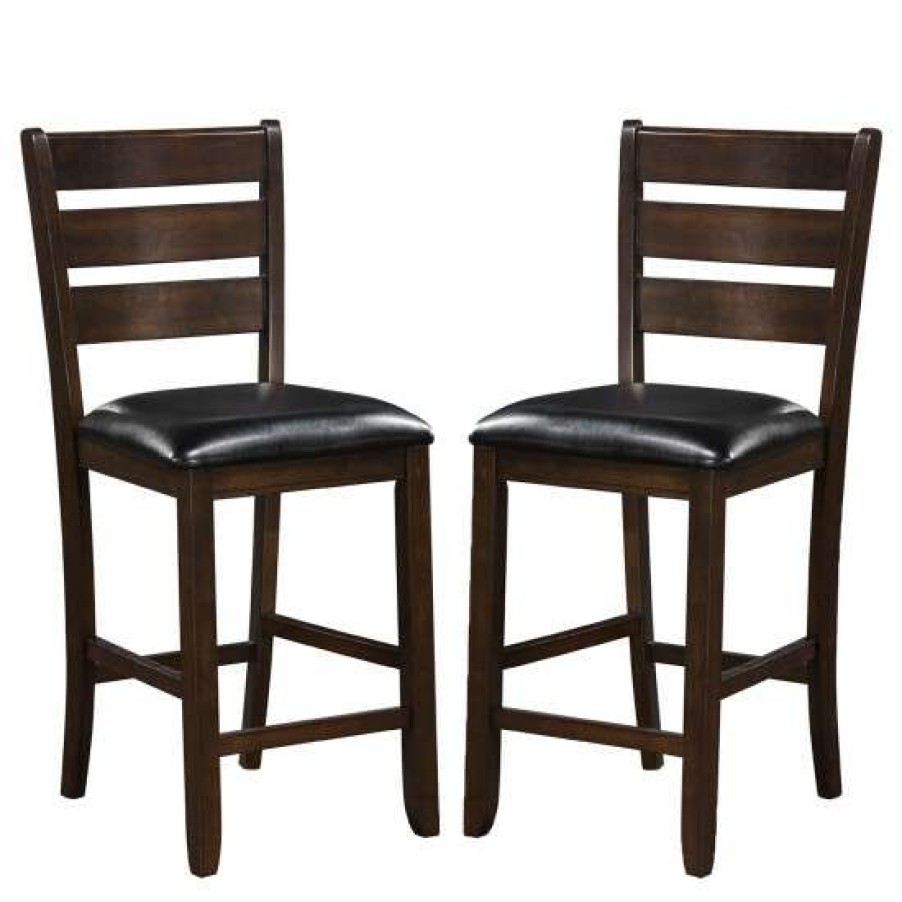 Furniture * | Flash Sale Simple Relax Set Of 2 Black Pu Counter Height Chair In Espresso Finish