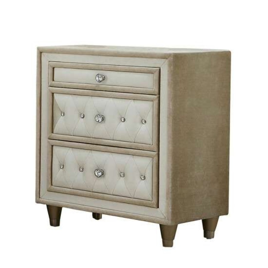 Furniture * | Promo Simple Relax 3 Drawers Velvet Nightstand In Ivory And Camel