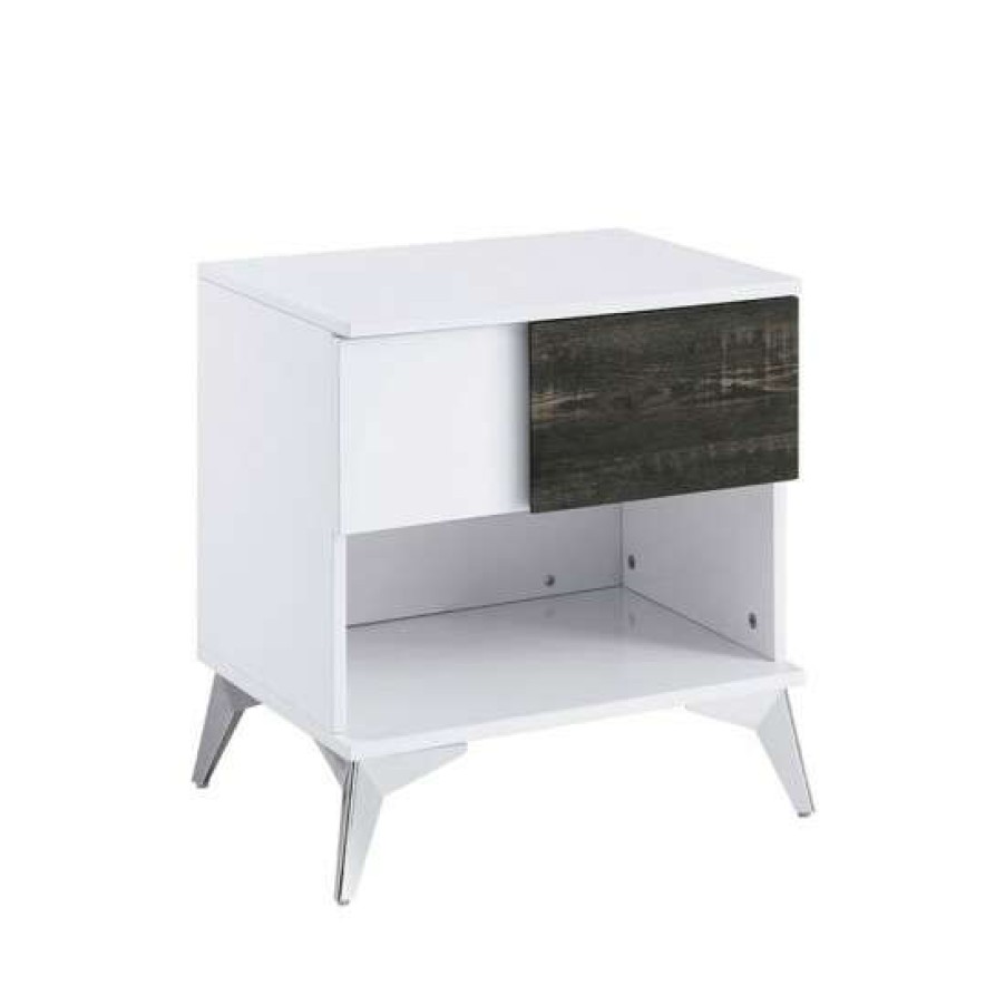 Furniture * | Coupon Simple Relax Wooden End Table With A Drawer In White And Distressed Dark Oak