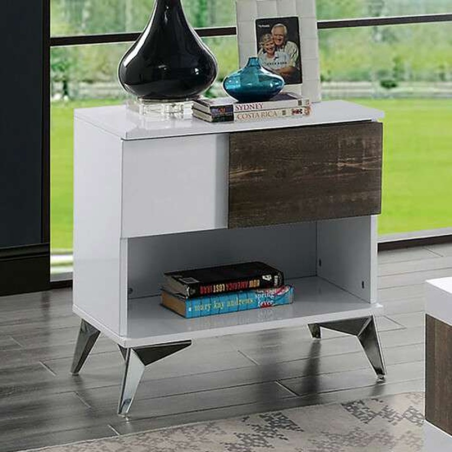 Furniture * | Coupon Simple Relax Wooden End Table With A Drawer In White And Distressed Dark Oak