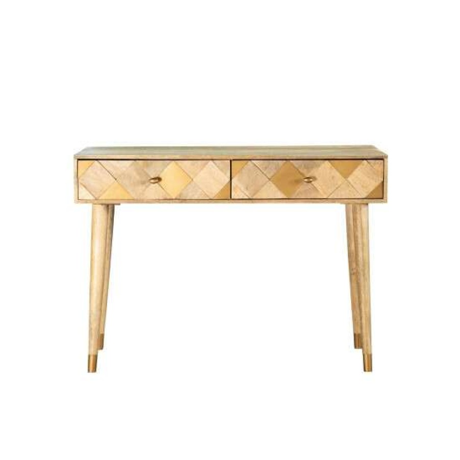 Furniture * | Buy Simple Relax 2 Drawers Wood And Metal Console Table With Checkered Pattern In Natural And Gold