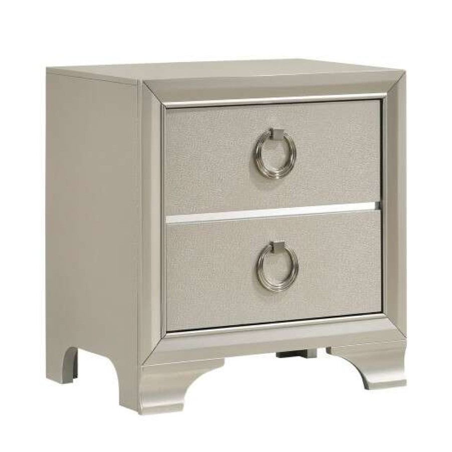 Furniture * | Buy Simple Relax 2 Drawers Nightstand With Oversized Ring Handles In Metallic Sterling