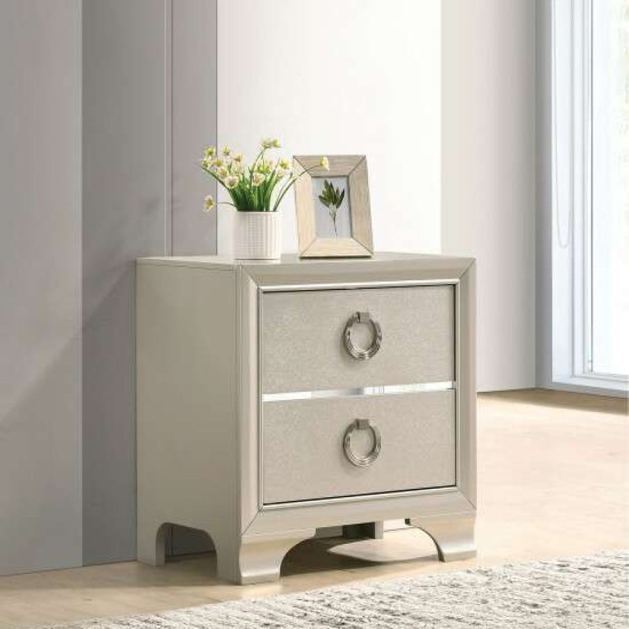 Furniture * | Buy Simple Relax 2 Drawers Nightstand With Oversized Ring Handles In Metallic Sterling