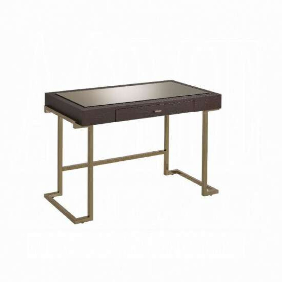 Furniture * | Brand New Simple Relax Storage Desk With 1 Drawer In Espresso Pu & Champagne