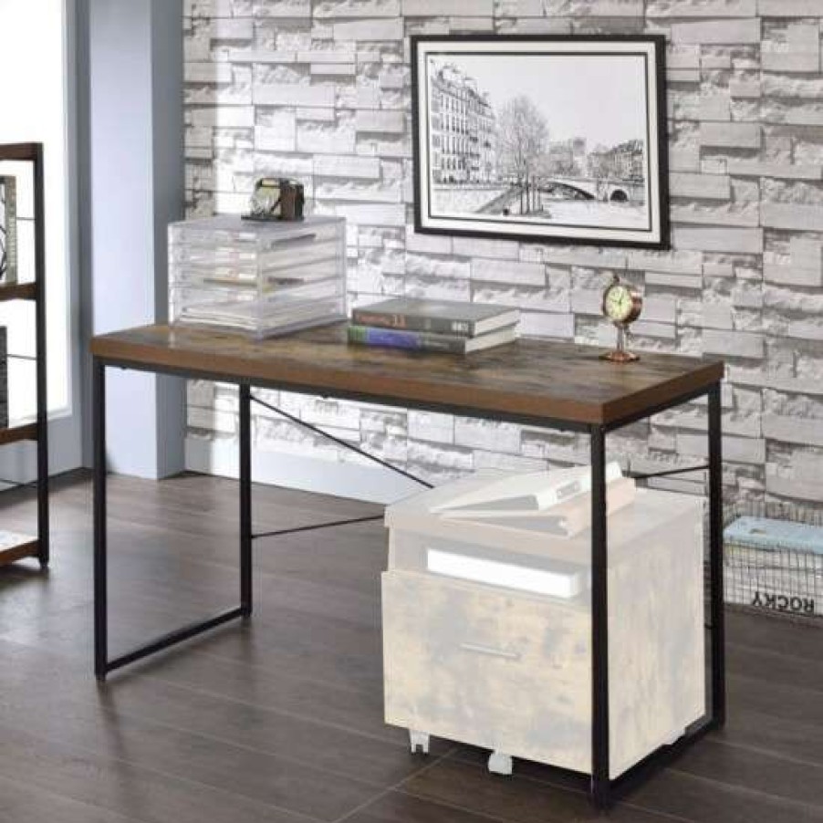 Furniture * | New Simple Relax Wooden Desk With Metal Frame In Weathered Oak And Black