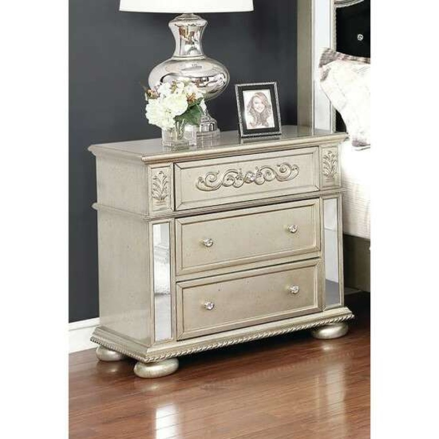 Furniture * | Cheap Simple Relax 3 Drawers Nightstand In Metallic Platinum And Black