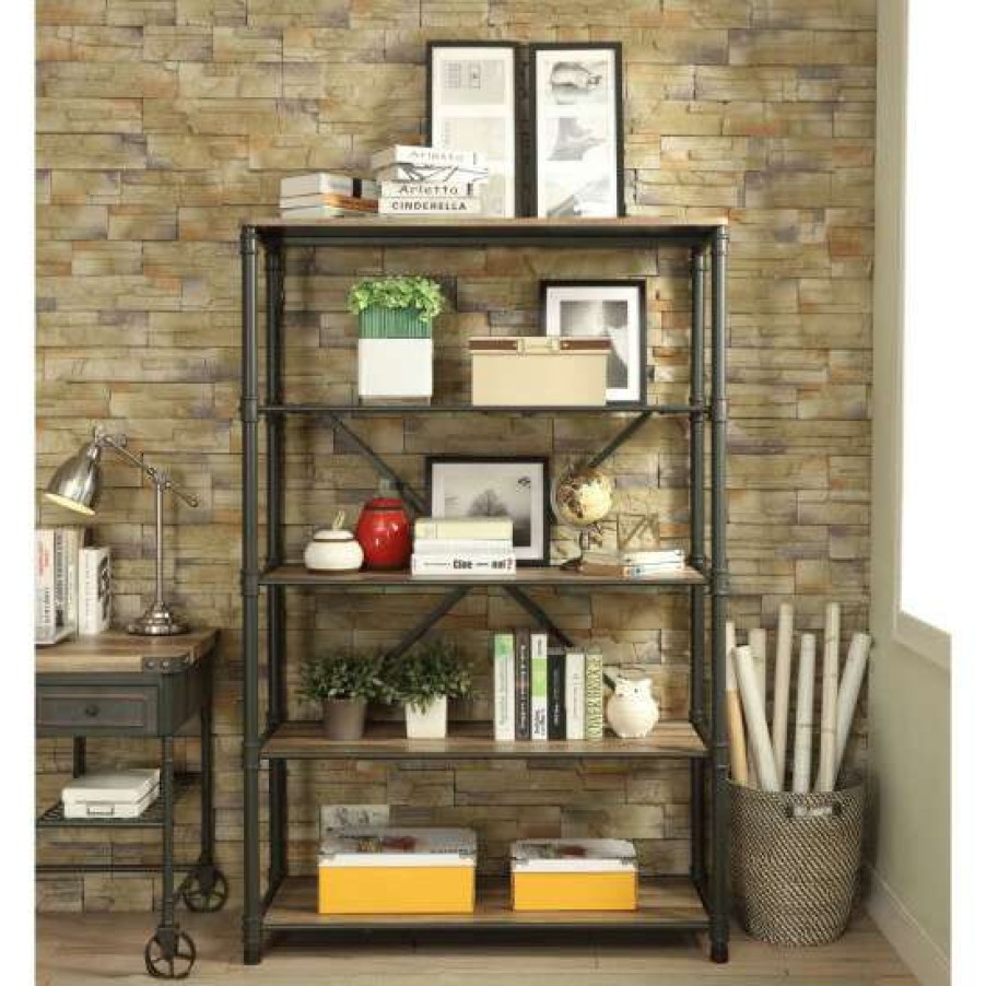 Furniture * | Wholesale Simple Relax 5 Wooden Shelves Bookshelf In Antique Oak And Sandy Gray Finish