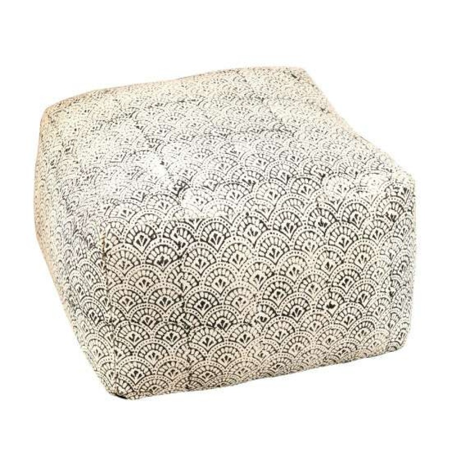 Furniture * | Best Sale Simple Relax Woven Cotton Upholstered Floor Pouf In Cream And Black