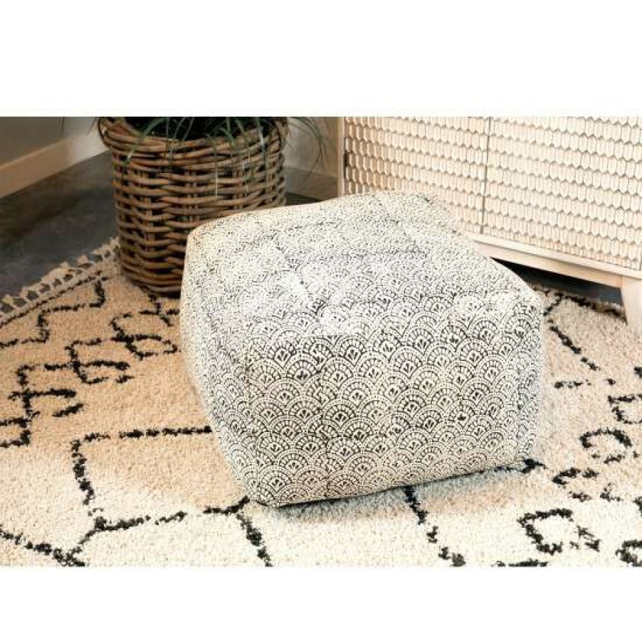 Furniture * | Best Sale Simple Relax Woven Cotton Upholstered Floor Pouf In Cream And Black