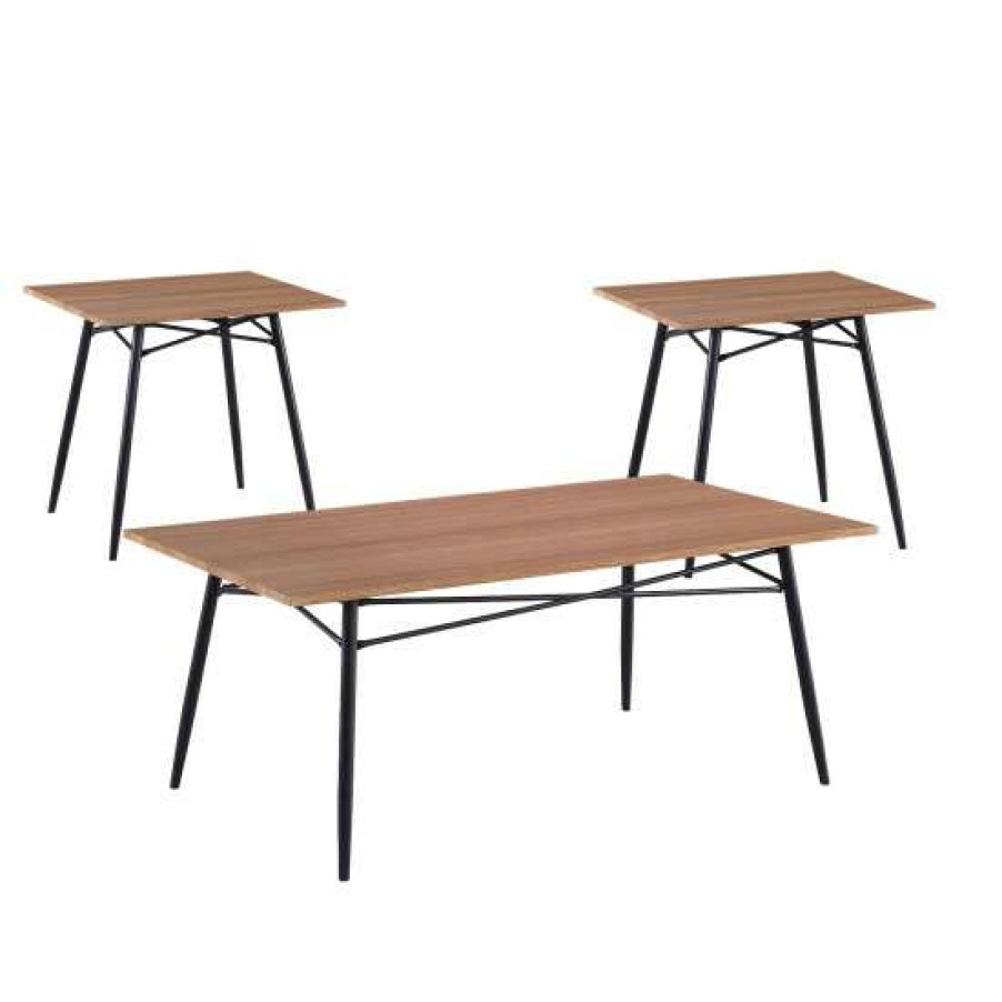 Furniture * | Best Reviews Of Simple Relax 3 Piece Wood Table Set With Metal Base In Light Brown And Black