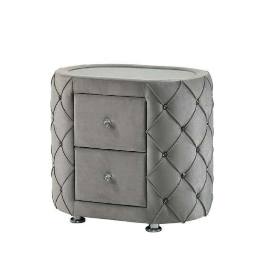 Furniture * | Best Reviews Of Simple Relax 2 Drawers Velvet Upholstered Nightstand With Button Tufting Design In Gray