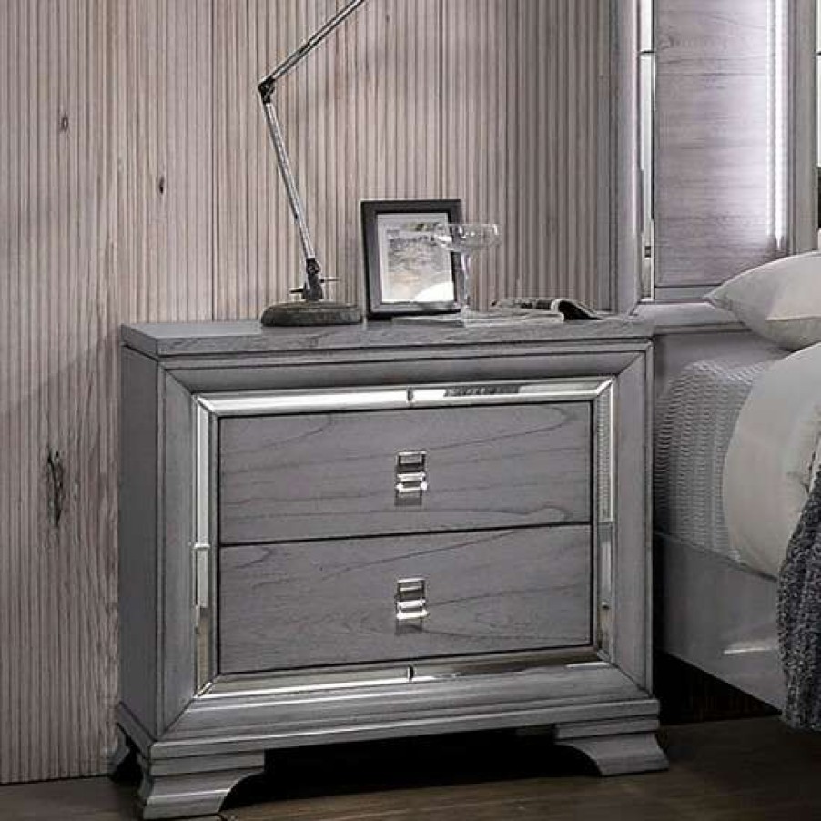 Furniture * | Best Pirce Simple Relax 2 Drawers Wooden Night Stand With Mirror Inserts Design In Light Gray