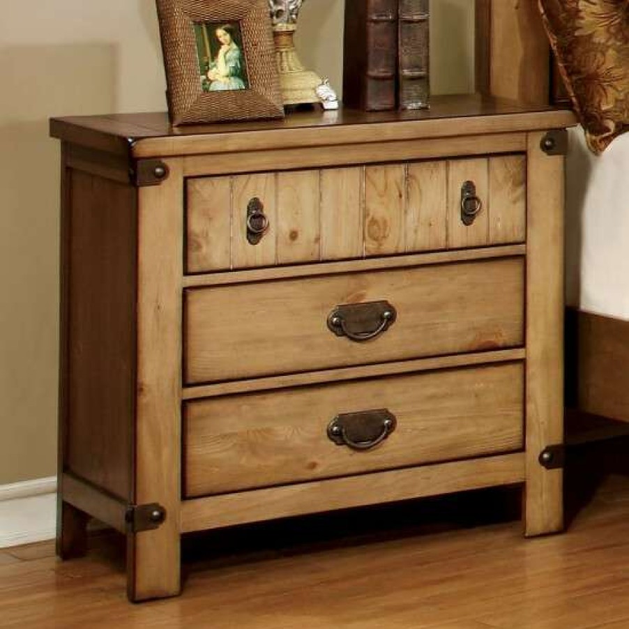 Furniture * | Hot Sale Simple Relax Cottage Style Nightstand With 3 Drawers In Weathered Elm