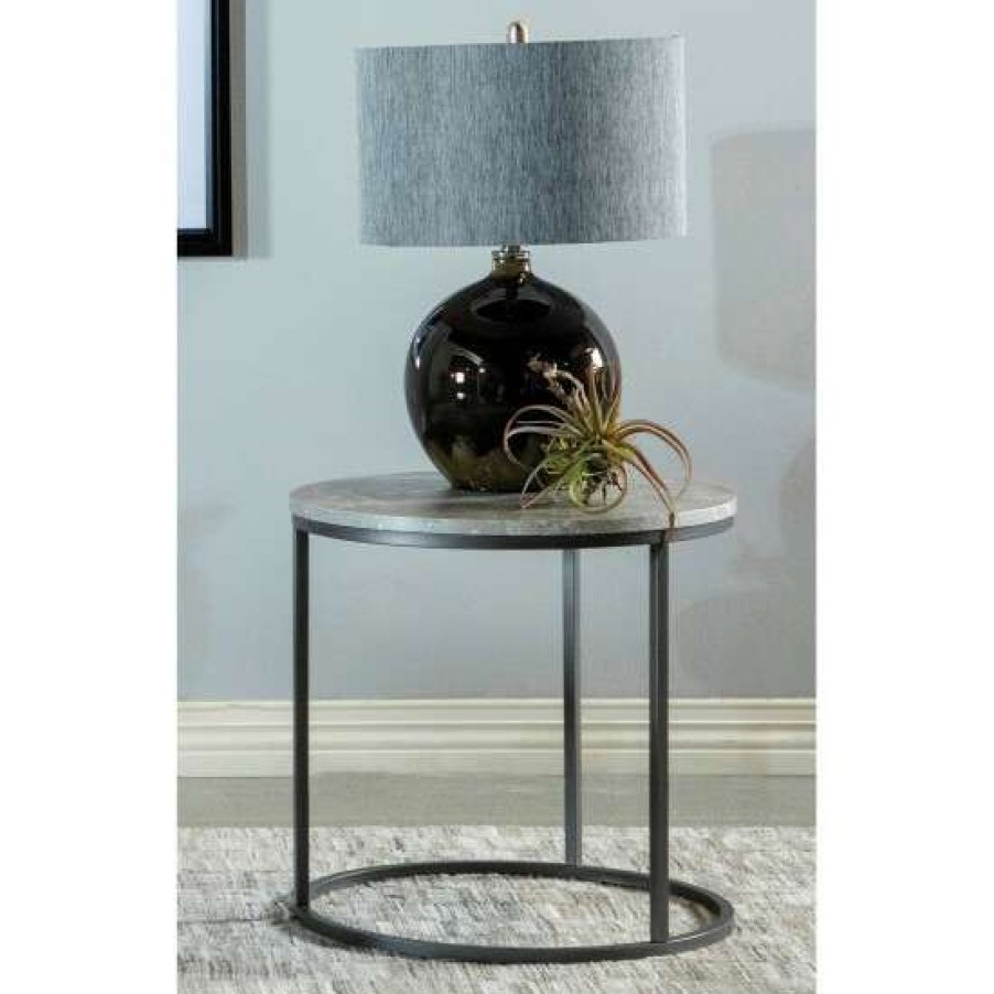 Furniture * | Best Reviews Of Simple Relax Round Faux Marble End Table With Metal Base In Grey And Gunmetal