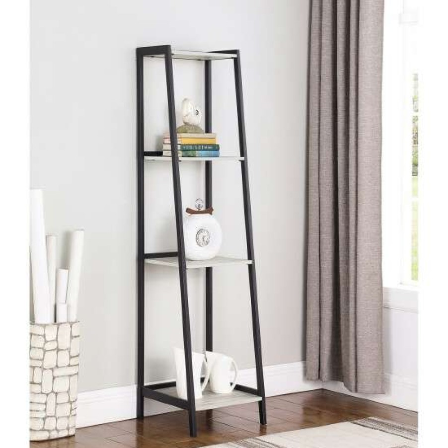 Furniture * | Best Sale Simple Relax 4-Shelf Ladder Bookcase With Wood Shelves And Metal Frame In Grey And Black