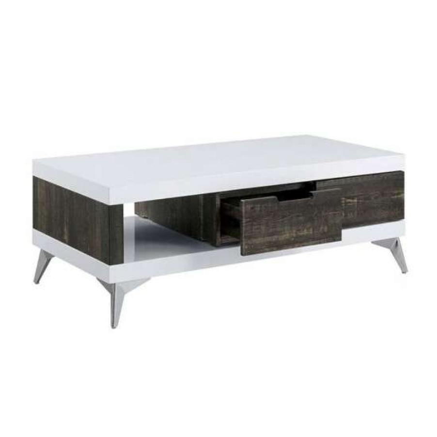 Furniture * | Coupon Simple Relax Wooden Coffee Table With 3 Drawers In White And Distressed Dark Oak