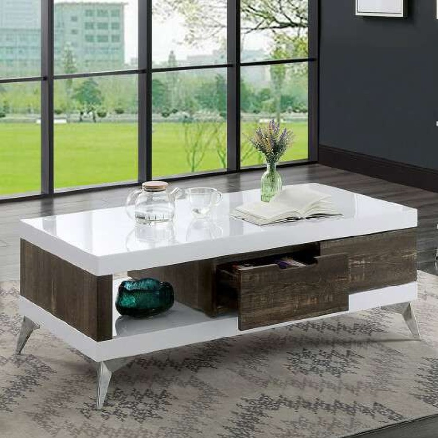 Furniture * | Coupon Simple Relax Wooden Coffee Table With 3 Drawers In White And Distressed Dark Oak