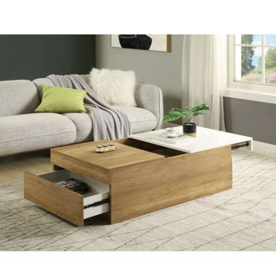 Furniture * | Outlet Simple Relax 2 Drawers And 2 Open Compartments Coffee Table In Gray Oak And White