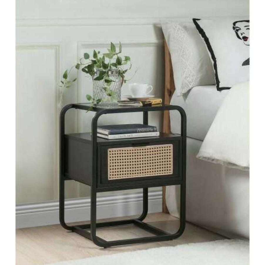 Furniture * | Hot Sale Simple Relax One Drawer Metal Frame Nightstand In Black Finish