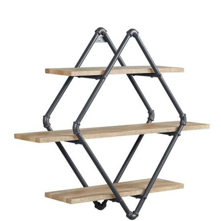 Home Decor * | Top 10 Simple Relax 3 Tier Floating Wood Wall Shelf With Metal Tube In Oak And Sandy Black