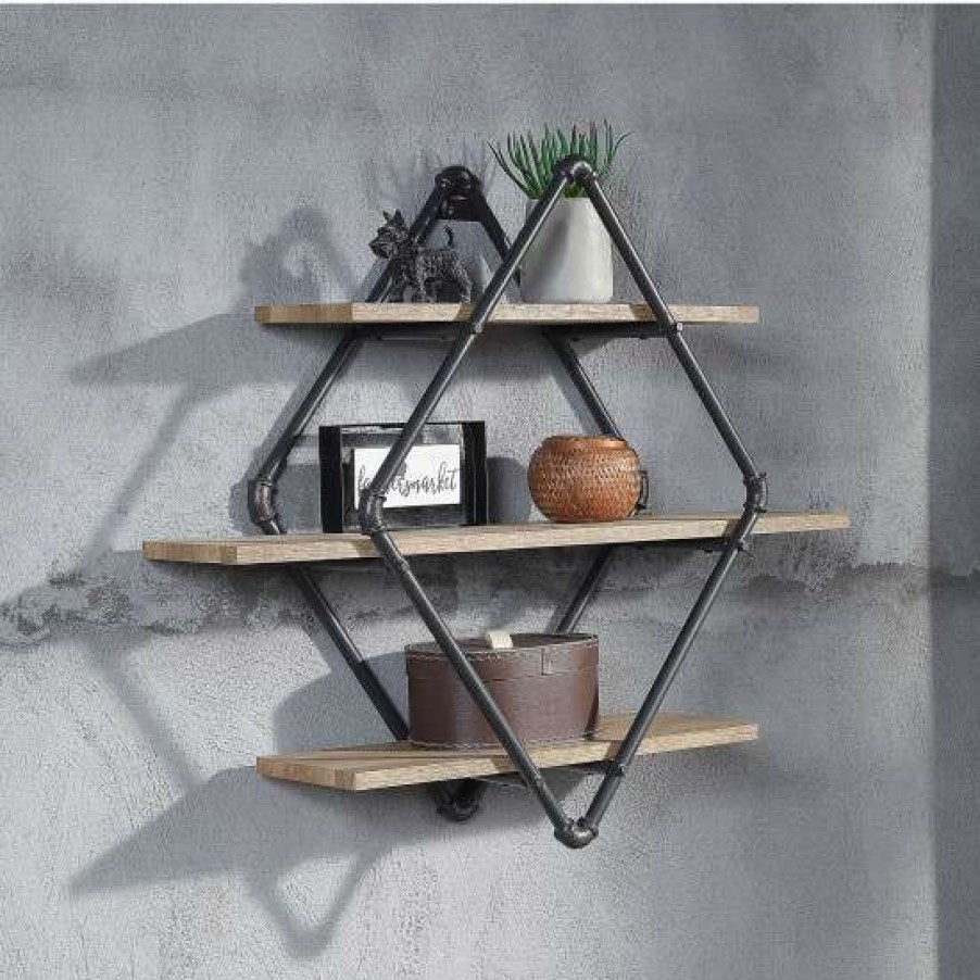 Home Decor * | Top 10 Simple Relax 3 Tier Floating Wood Wall Shelf With Metal Tube In Oak And Sandy Black