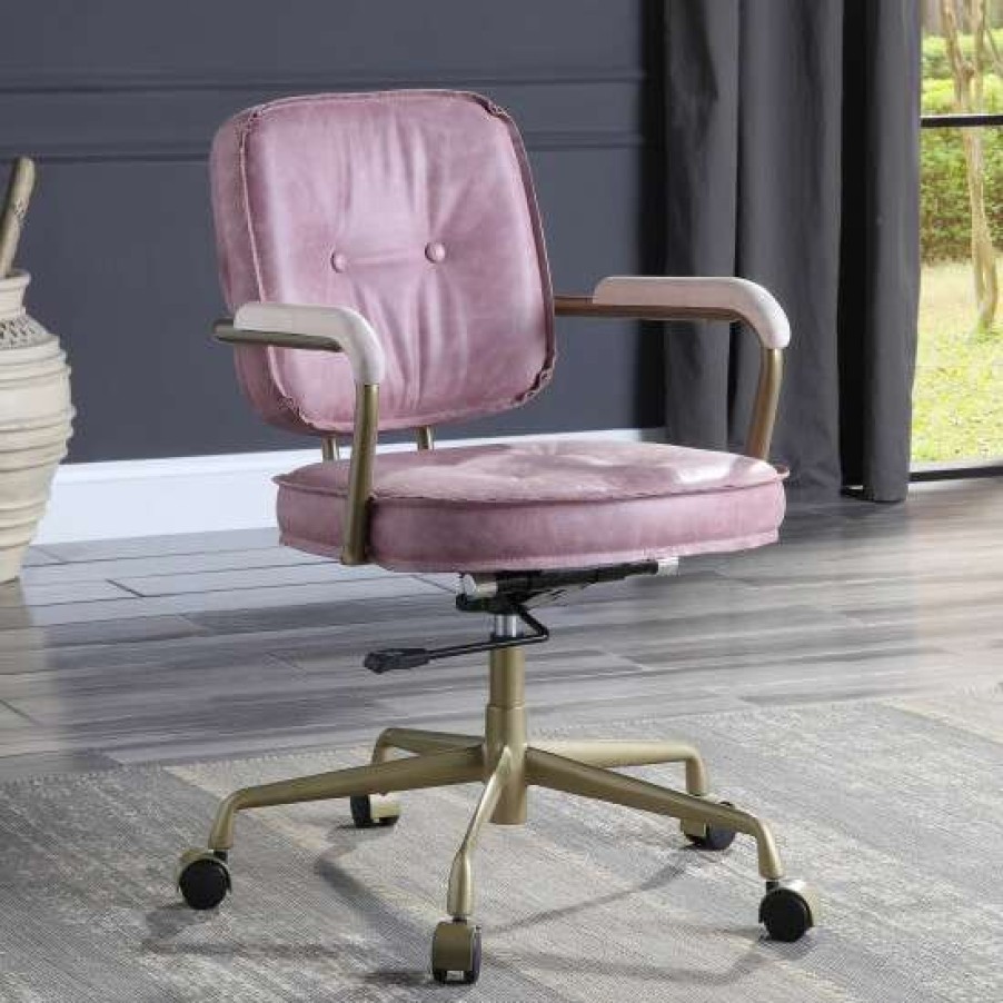 Furniture * | Cheap Simple Relax Top Grain Leather Office Chair With Armrests In Pink