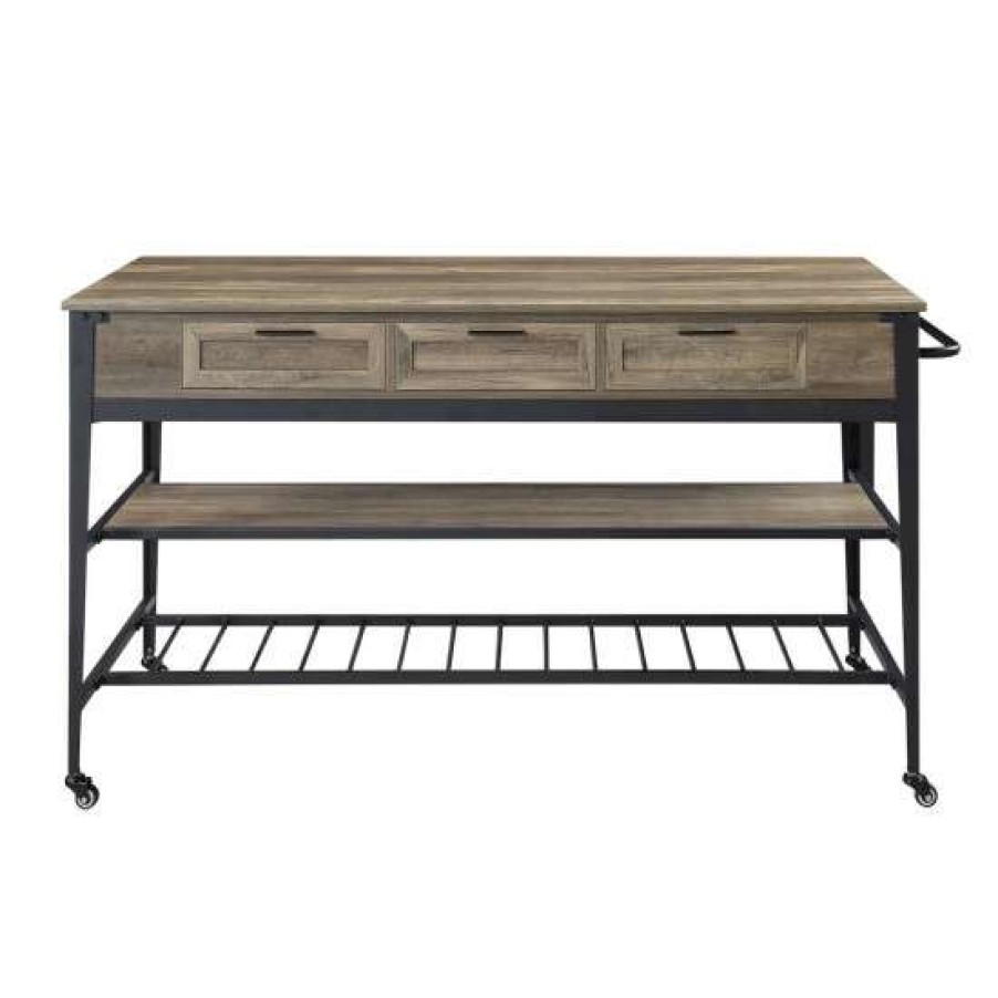 Kitchen & Dining * | Best Pirce Simple Relax Kitchen Island With 2 Bottom Shelves In Rustic Oak Finish And Black