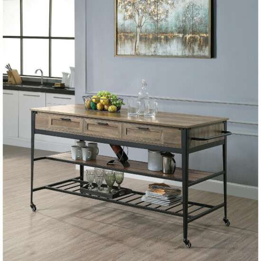 Kitchen & Dining * | Best Pirce Simple Relax Kitchen Island With 2 Bottom Shelves In Rustic Oak Finish And Black