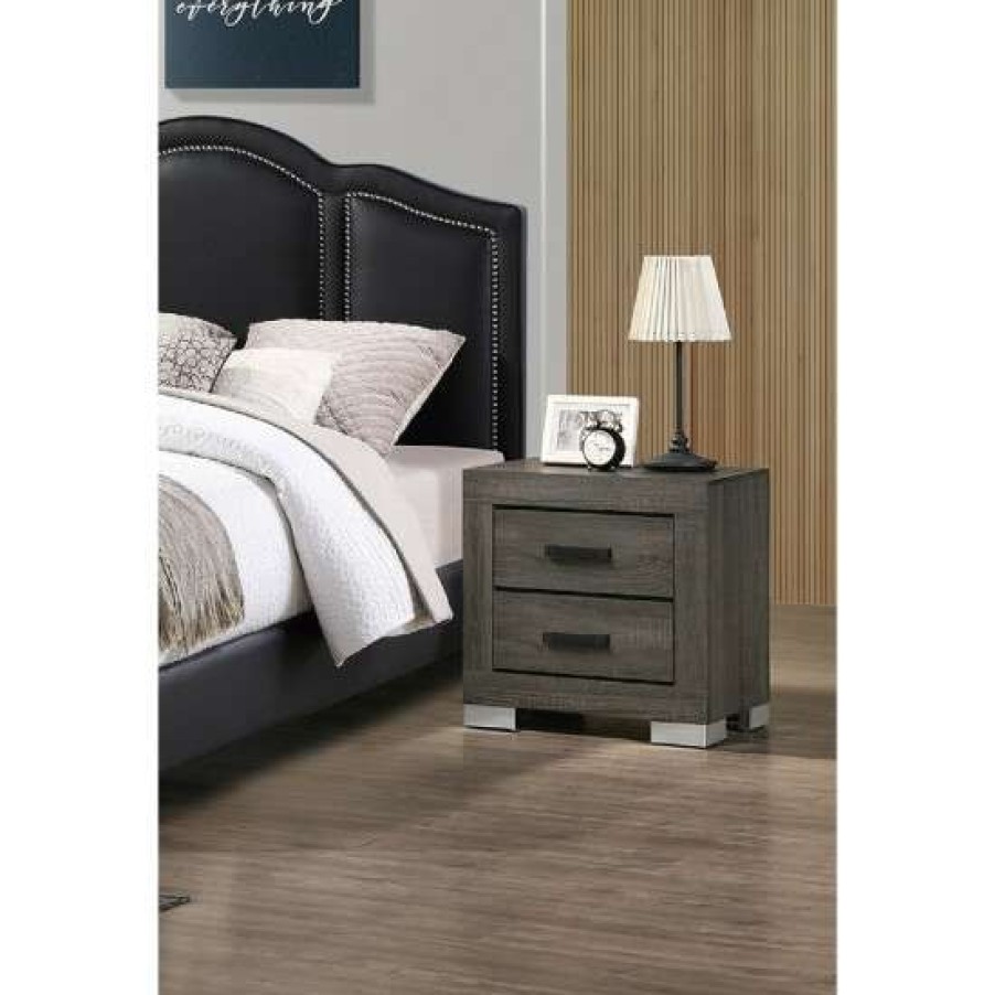 Furniture * | Promo Simple Relax 2 Drawers Wood Nightstand With Black Handles In Grey