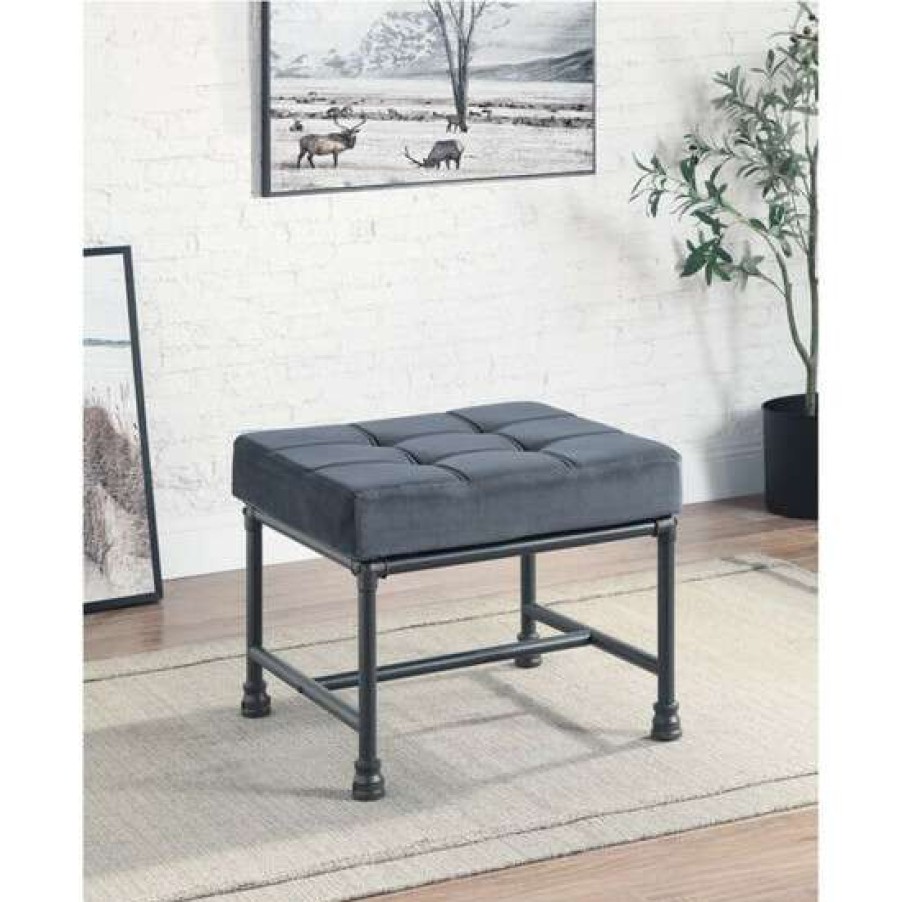 Furniture * | Best Deal Simple Relax Ottoman In Tufted Gray Velvet And Sandy Gray