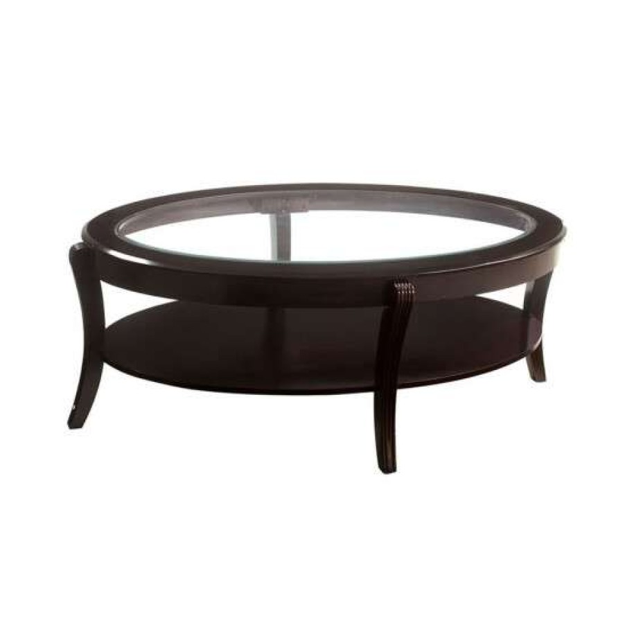 Furniture * | Promo Simple Relax Tempered Glass And Solid Wood Coffee Table In Espresso Finish