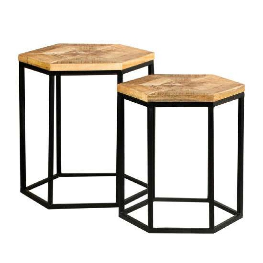 Furniture * | Cheapest Simple Relax 2 Piece Hexagon Shape Nesting Table With Metal Base In Natural And Black