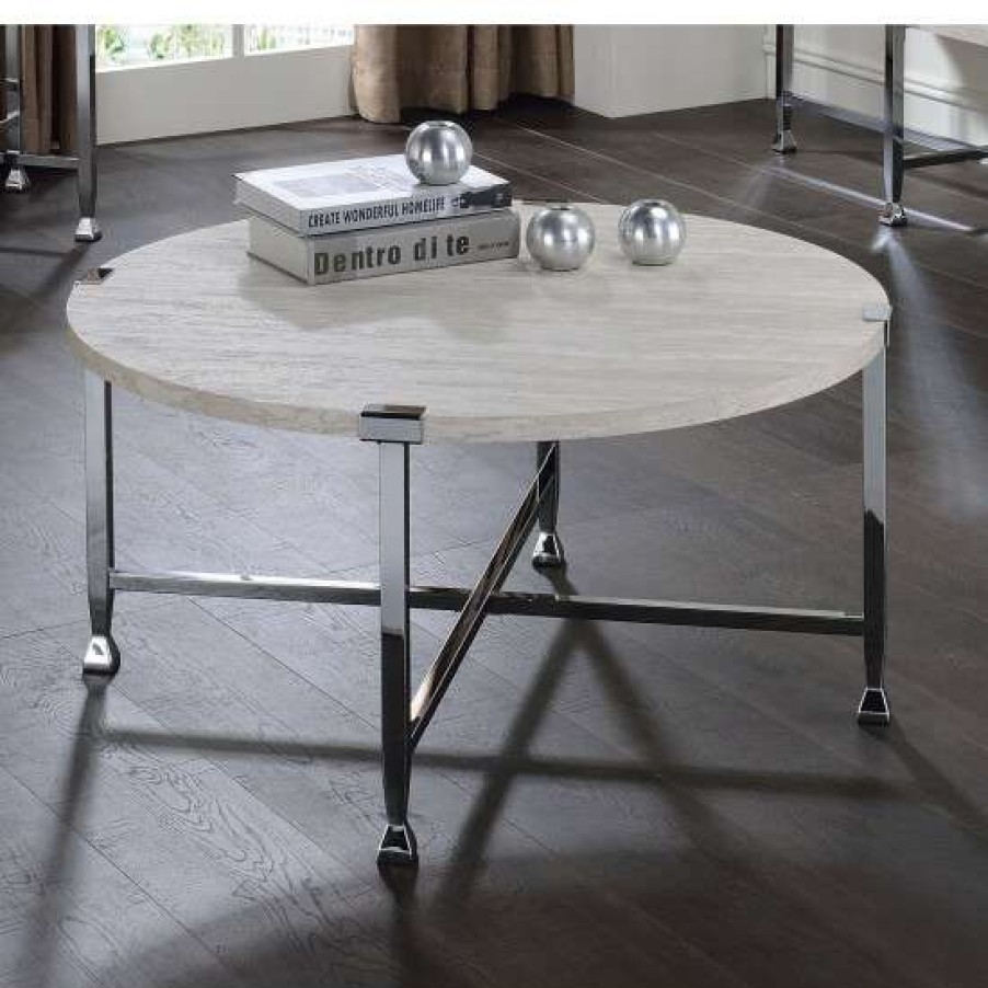 Furniture * | Best Sale Simple Relax Wooden And Metal Coffee Table In White Oak And Chrome