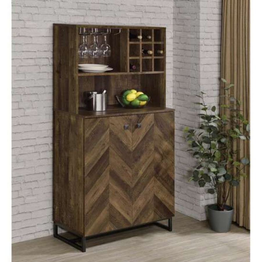 Furniture * | Best Reviews Of Simple Relax Wooden Wine Cabinet With Wine Rack In Rustic Oak And Herrinbone Finish