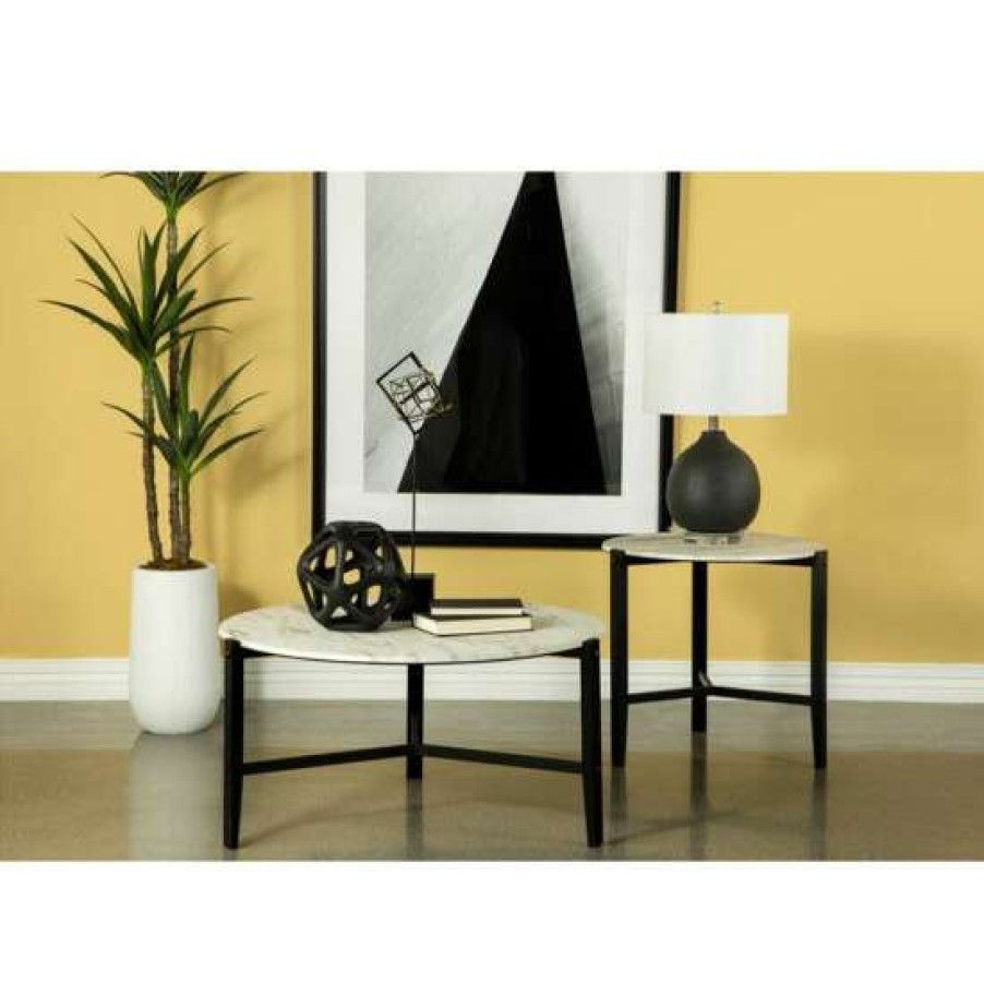 Furniture * | Top 10 Simple Relax Round Faux Marble End Table In White And Black Finish