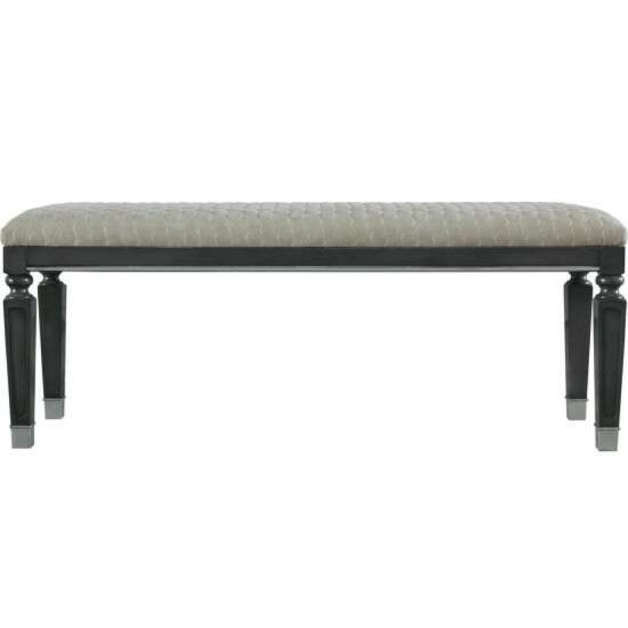 Furniture * | Discount Simple Relax Fabric Upholstered Bench With Wooden Posts Legs In Beige And Charcoal