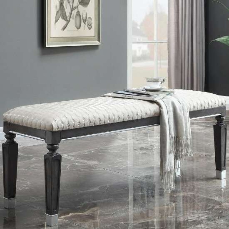 Furniture * | Discount Simple Relax Fabric Upholstered Bench With Wooden Posts Legs In Beige And Charcoal