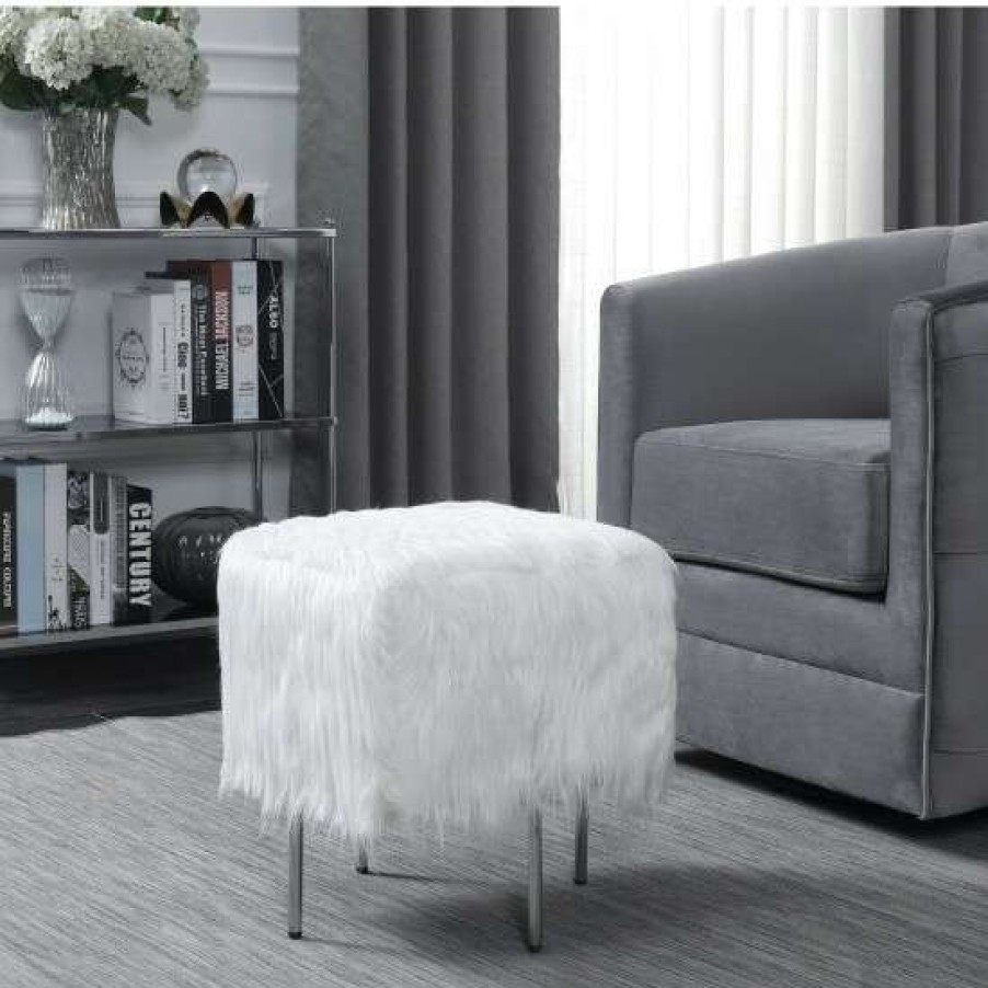 Furniture * | Best Deal Simple Relax Faux Sheepskin Square Ottoman, White