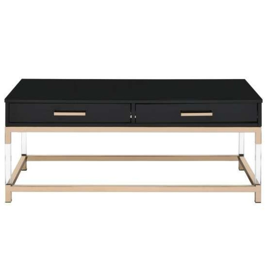 Furniture * | Brand New Simple Relax 2 Drawers Wood Coffee Table With Metal Base In Black And Gold